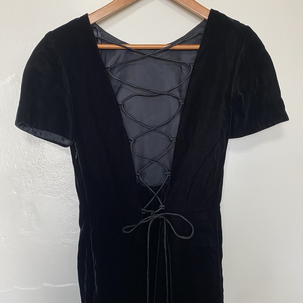Vintage Santa Fe by Jim Tremblay 8 Velvet Black Maxi Dress Lace Up Back Peasant - Picture 4 of 9
